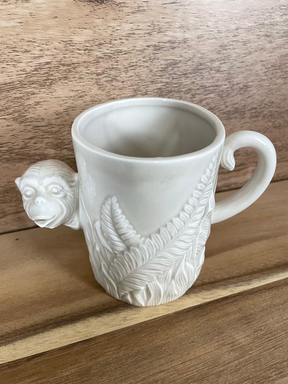 Vintage 1977 Fitz and Floyd Monkey Mug, White Ceramic Fern Leaf Figural Cup